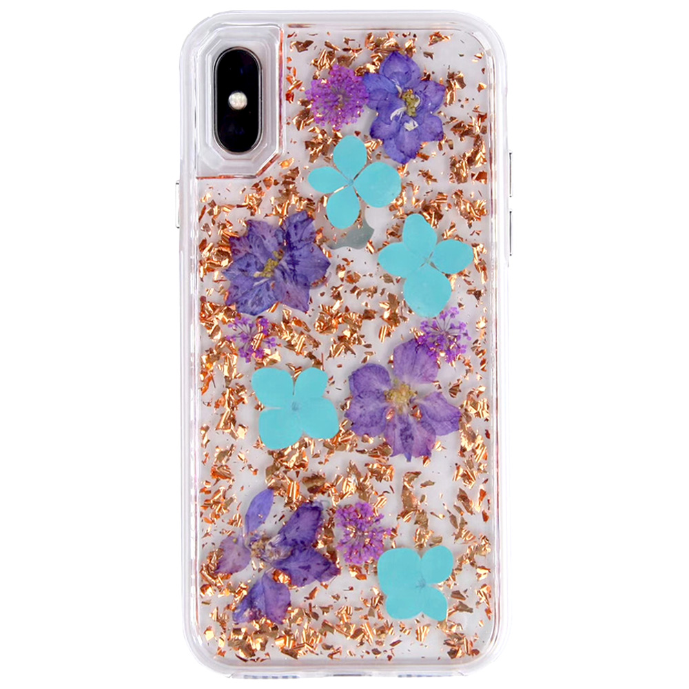 iPhone Xr 6.1in Luxury Glitter Dried Natural FLOWER Petal Clear Hybrid Case (Bronze Blue)